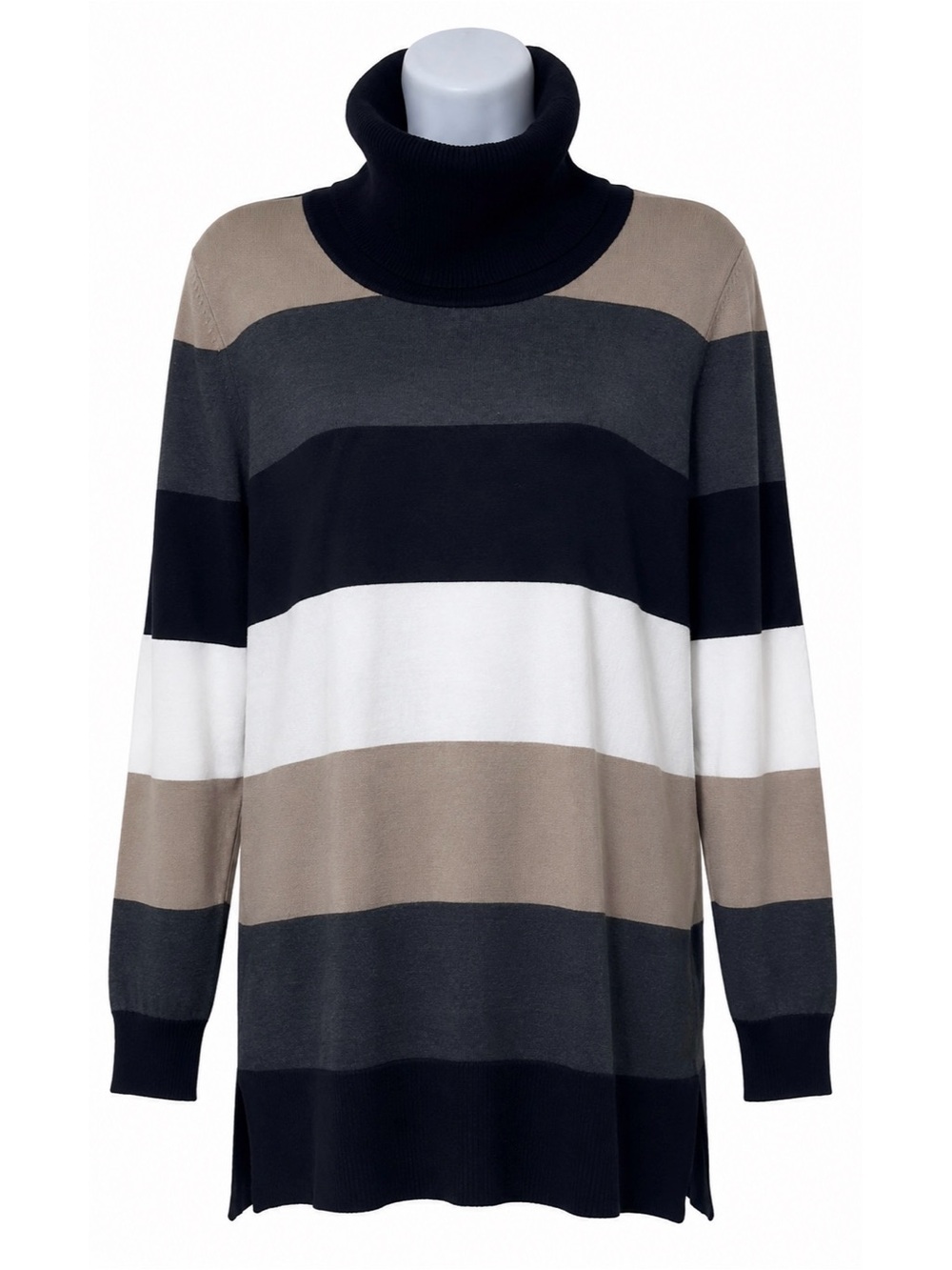 Eva & Paige Women’s Striped Cowl Neck Sweater in Black, Gray, White & Tan Size S
